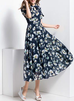 Retro Slim Floral Print Big Hem Maxi Dress