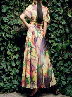 Bohemian Flare Sleeve Print Chiffon Maxi Dress