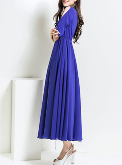 Elegant Half Sleeve Elastic Waist Chiffon Maxi Dress