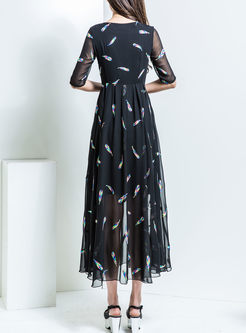 Elegant Embroidery Half Sleeve Big Hem Maxi Dress