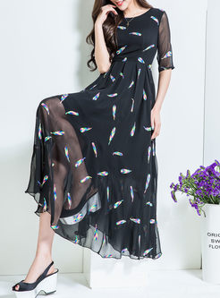 Elegant Embroidery Half Sleeve Big Hem Maxi Dress