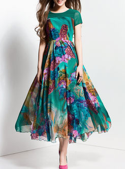 Stylish Short Sleeve Patchwork Print Big Hem Maxi Dress