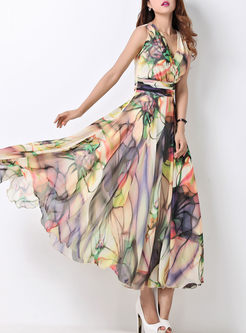 Elegant Nipped Waist Sleeveless Chiffon Maxi Dress