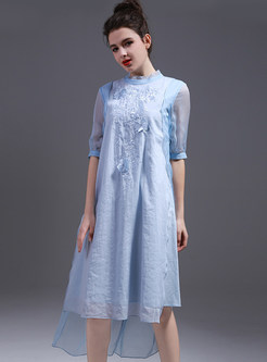 Cute Linen Embroidery Half Sleeve Asymmetric Shift Dress
