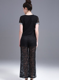 Lace Short Sleeve T-Shirt & Hollow Wide Leg Pants Outfits