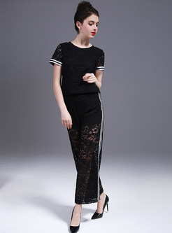 Lace Short Sleeve T-Shirt & Hollow Wide Leg Pants Outfits