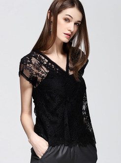 Sexy Lace V-neck Hollow Out T-shirt