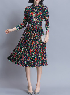 Vintage Floral Stand Collar Pleated Slim Skater Dress