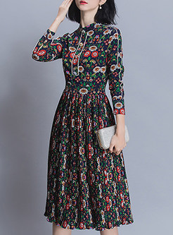 Vintage Floral Stand Collar Pleated Slim Skater Dress