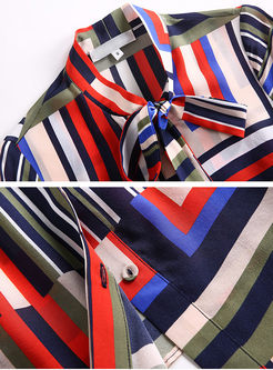 Stylish Long Sleeve Hit Color Print Silk Blouse