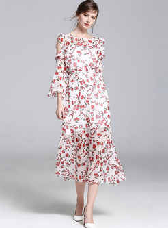 Elegant Flare Sleeve Off Shouler Floral Print Maxi Dress With Underskirt
