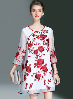 Ethnic Loose Floral Embroidery Shift Dress