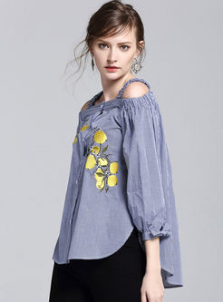 Sexy Off Shoulder Slash Neck Puff Sleeve Embroidery Blouse