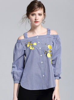 Sexy Off Shoulder Slash Neck Puff Sleeve Embroidery Blouse