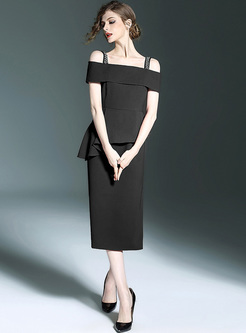 Elegant Pure Color Off Shoulder Split Slim Dress