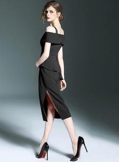 Elegant Pure Color Off Shoulder Split Slim Dress