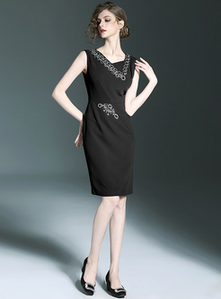 Brief Asymmetric Neck Bead Sleeveless Skinny Dress