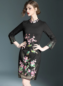 Vintage Embroidery Stand Collar Bodycon Dress