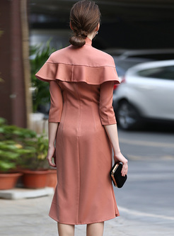 Elegant Tied-collar Bodycon Dress With Cape