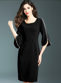 Brief Flare Sleeve Pearl-patch Skinny Dress