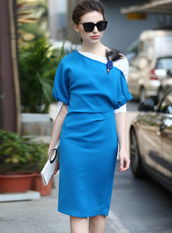 Elegant Color-blocked Bat Sleeve Waist Skinny Dress
