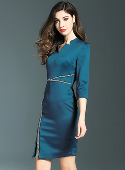 Stylish Color-blocked Bead Split Bodycon Dress