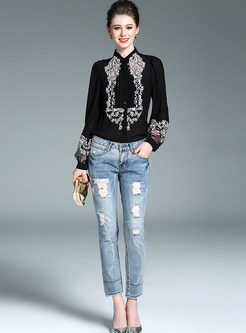 Brief Stand Collar Lace Patch Hollow Blouse