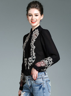 Brief Stand Collar Lace Patch Hollow Blouse
