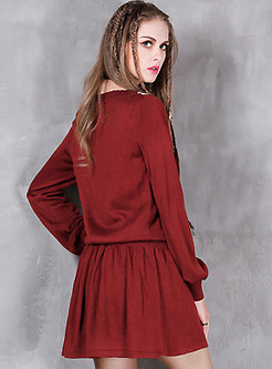 Vintage Embroidery Patch Pleated Tassel Knit Dress