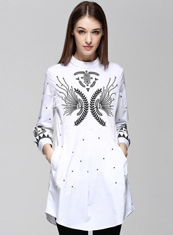 Brief Embroidery Stand Collar Three Quarters Sleeve Blouse