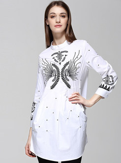 Brief Embroidery Stand Collar Three Quarters Sleeve Blouse