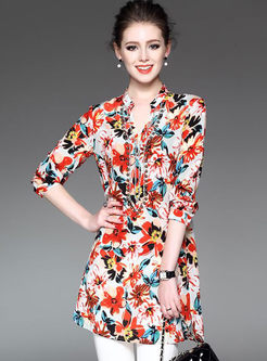 Stylish Floral Print Stand Collar Blouse