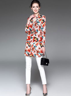 Stylish Floral Print Stand Collar Blouse