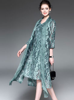 Elegant Sleeveless V-neck Print Skater Dress & Elegant Print Coat
