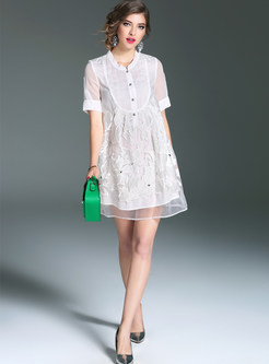 Brief Stand Collar Embroidery Stitching Shift Dress