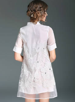 Brief Stand Collar Embroidery Stitching Shift Dress