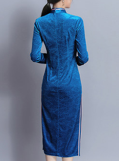 Vintage Stand Collar Slim Slit Maxi Dress