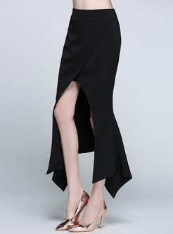 Elegant Asymmetric Hem Split Black Skirt