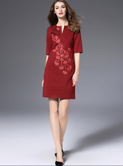 Elegant Embroidery Slim Half Sleeve Bodycon Dress
