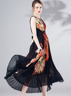 Stylish Flower Print High Waist Maxi Dress