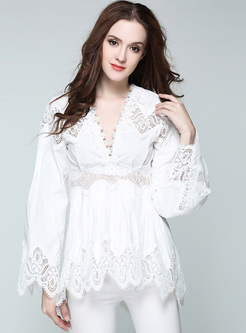Sexy Lace V-neck Waist Pullover Blouse