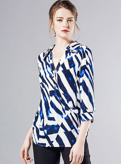 Fashionable Hit Color Stripe 3/4 Sleeve Silk Blouse