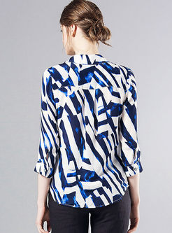 Fashionable Hit Color Stripe 3/4 Sleeve Silk Blouse