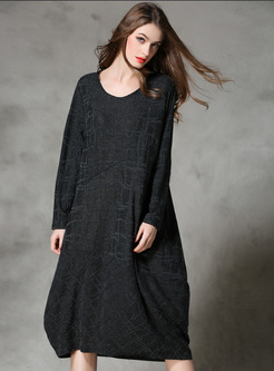 Oversized O-neck Grid Knitted Dress