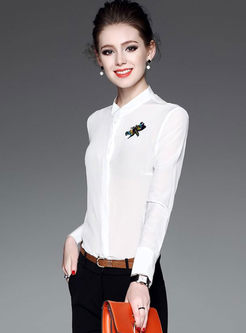 Brief Long Sleeve Stand Collar Silk Blouse