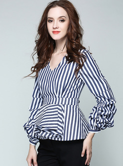 Casual Striped V-Neck A-Line Long Sleeve Blouse