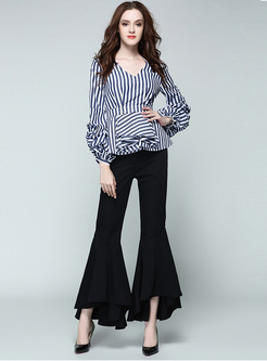 Casual Striped V-Neck A-Line Long Sleeve Blouse