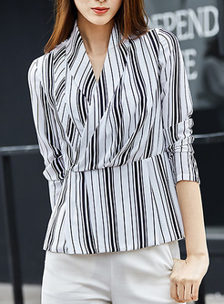 Casual Striped Patch Three Quarters Sleeve Blouse