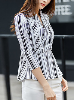Casual Striped Patch Three Quarters Sleeve Blouse