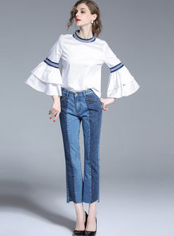 Brief White Flare Sleeve Stand Collar Blouse